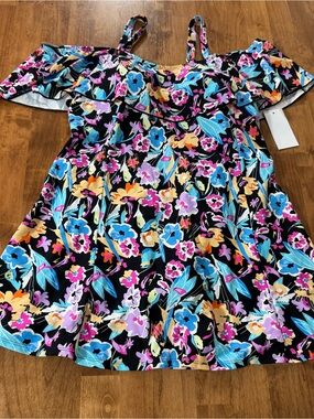 Women’s Meet Curve Off The Shoulder Tummy Control 1 Pc Swim Dress Floral 2XL